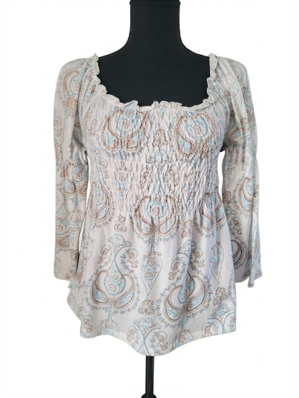 Smocked Paisley Peasant Blouse in Cream and Light Blue